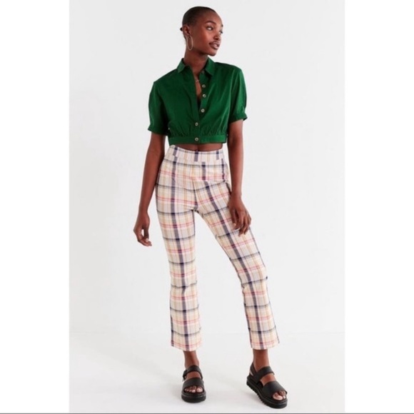 yellow and blue plaid pants